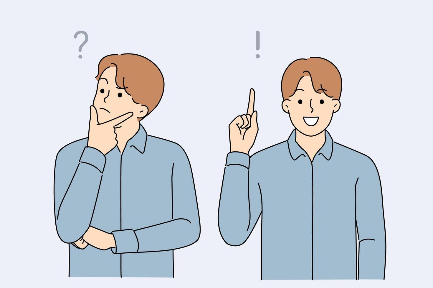 Man searches for answer to question and finds right solution after much thought and brainstorming vector