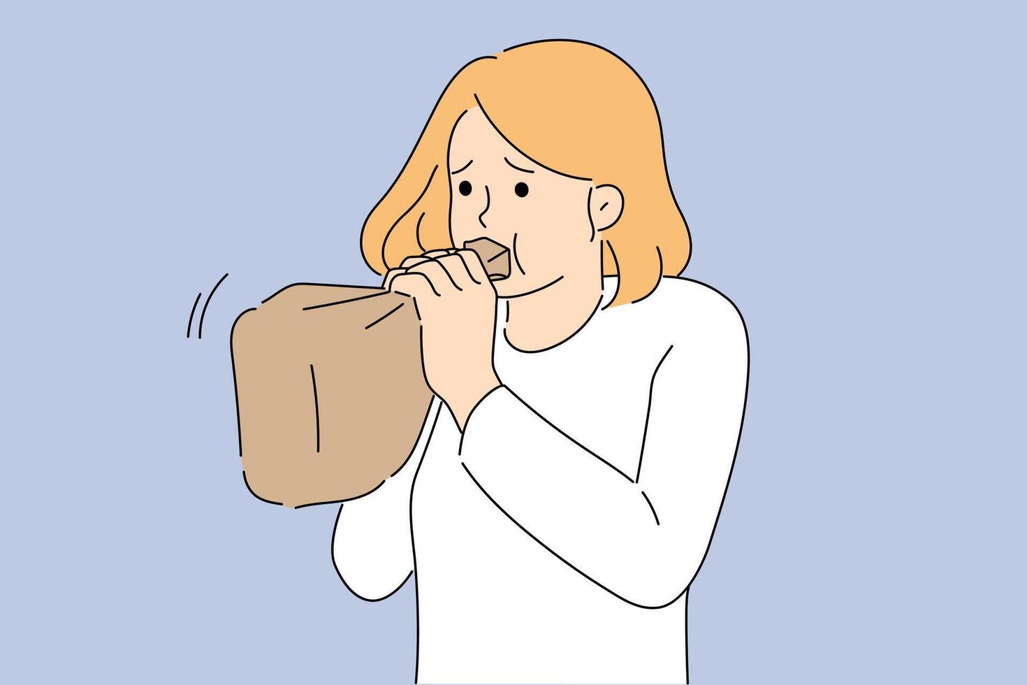 Hyperventilation syndrome in woman breathing into paper bag while trying to stop panic attack vector