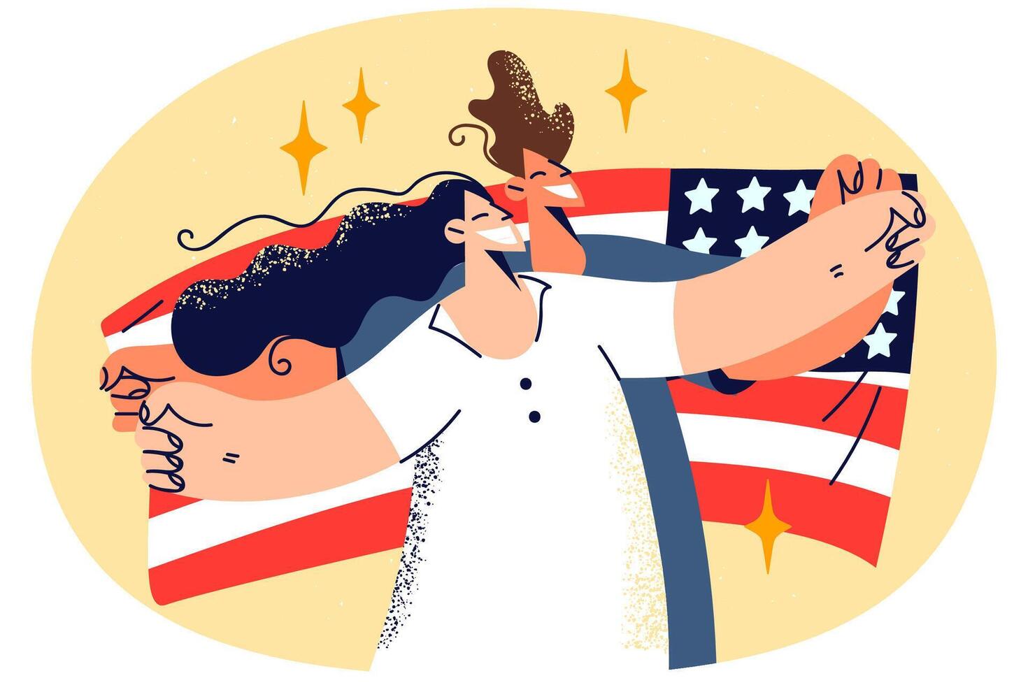 Happy couple holding American flag in hands vector