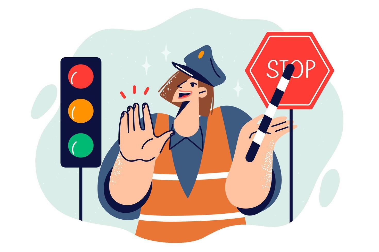 Woman traffic controller shows stop gesture, standing near traffic light for cars. vector