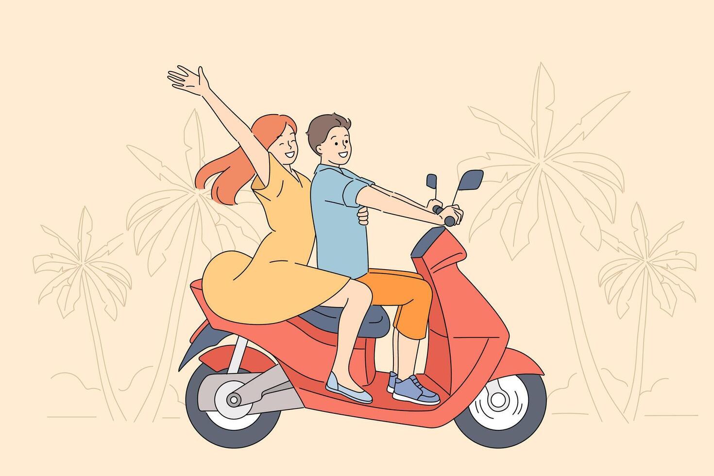 Couple rides scooter along road of tropical resort, enjoying trip to beach with palm trees vector