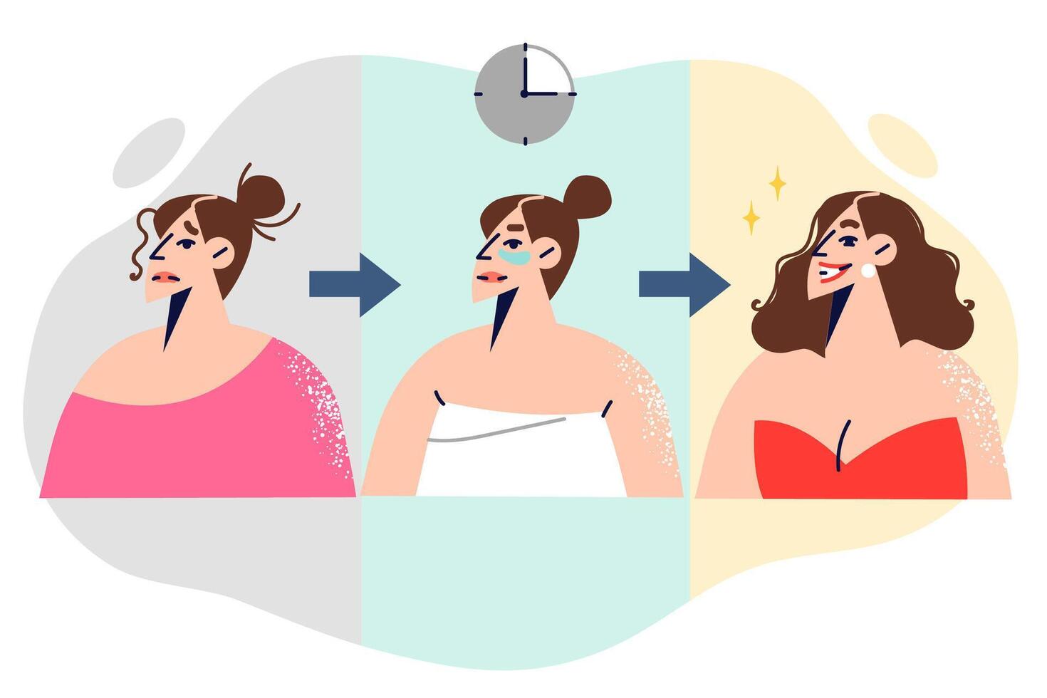 Daily routine woman taking care of facial skin after shower and putting on dress for evening event vector