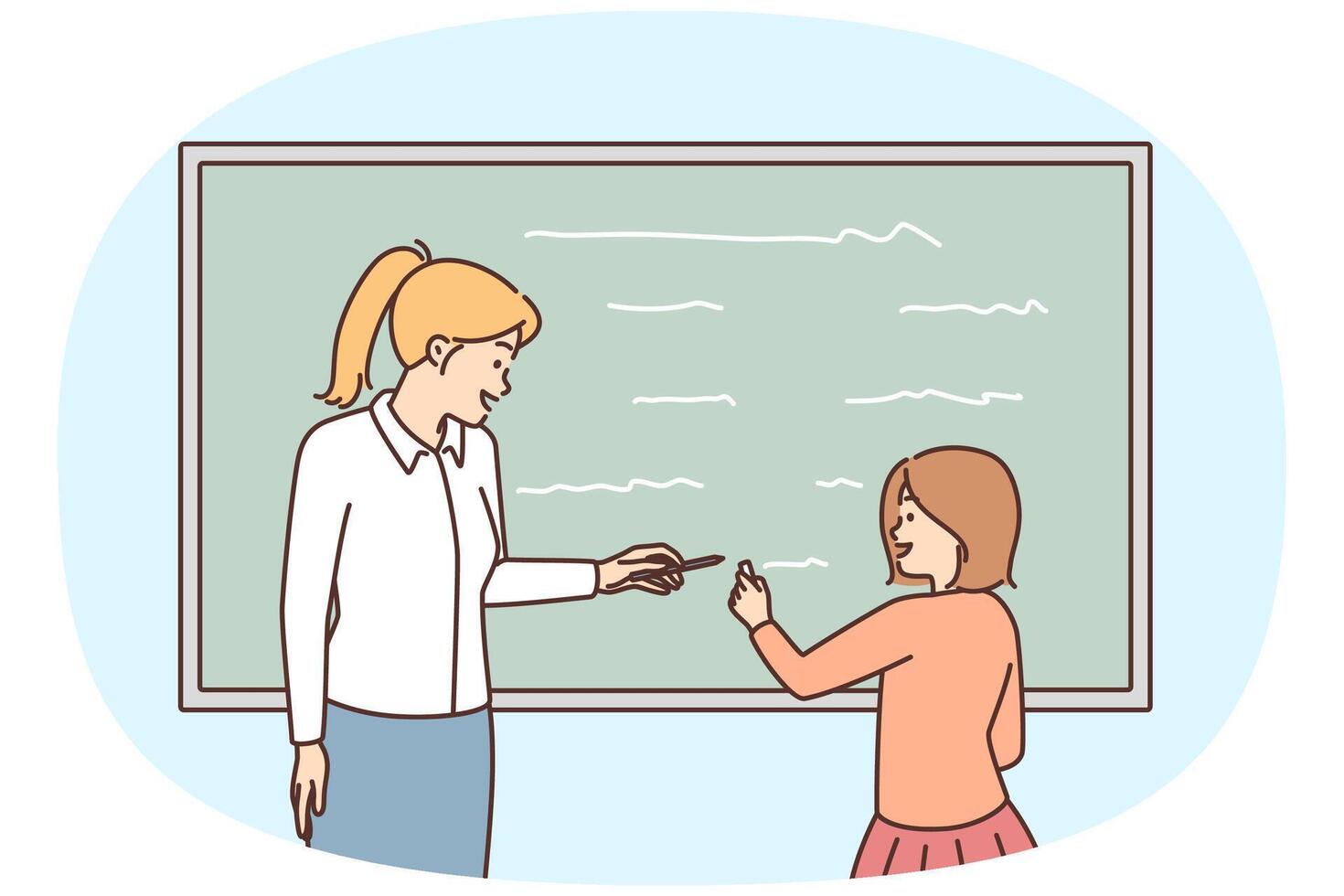 Female teacher and schoolgirl writing on blackboard vector