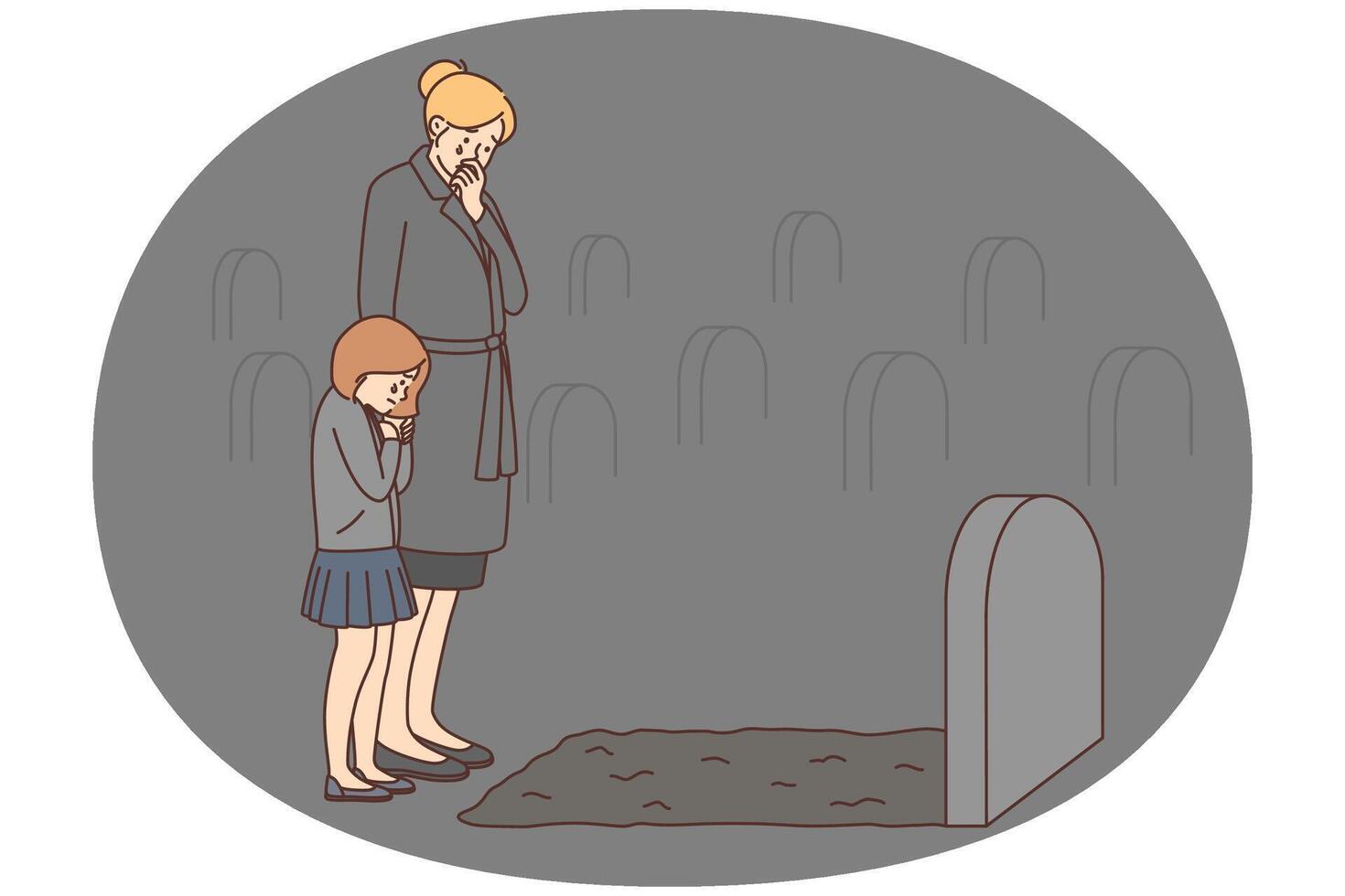 Depressed woman and child crying at tombstone vector