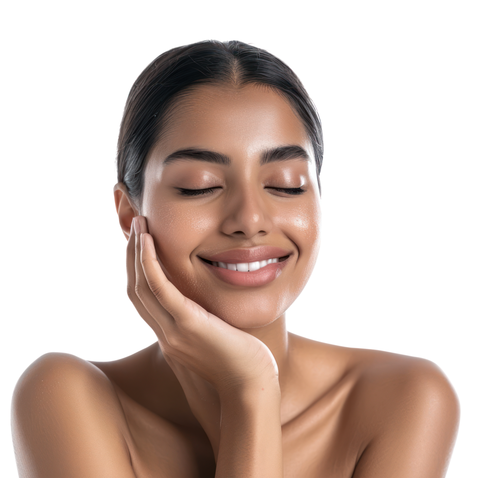 Beautiful beauty smiling young woman posing with makeup style with touch her face and perfect skin, Facial treatment, Cosmetology, plastic surgery, png