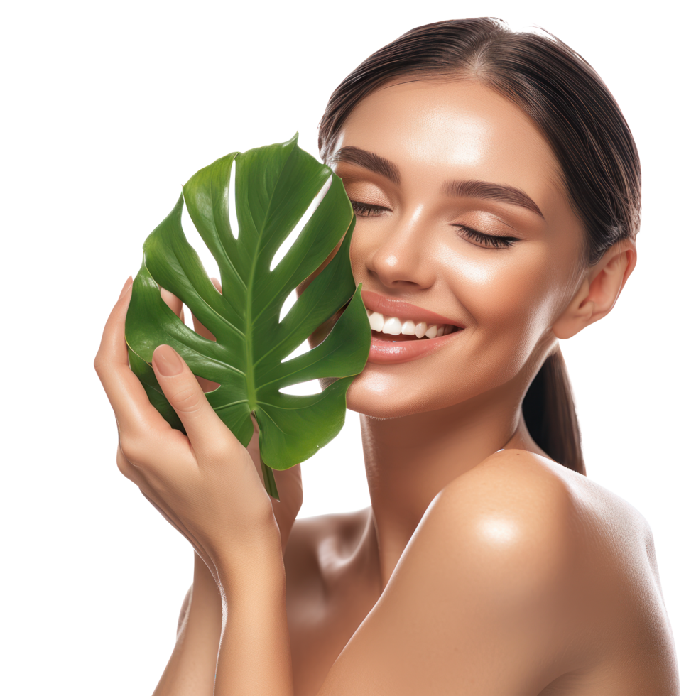 Beautiful young woman happy smile in the studio holds green tropical leaf in hands and covers a part of her face, png