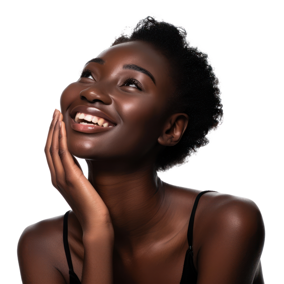 African American young beauty woman makeup style with touch her face and perfect skin, png
