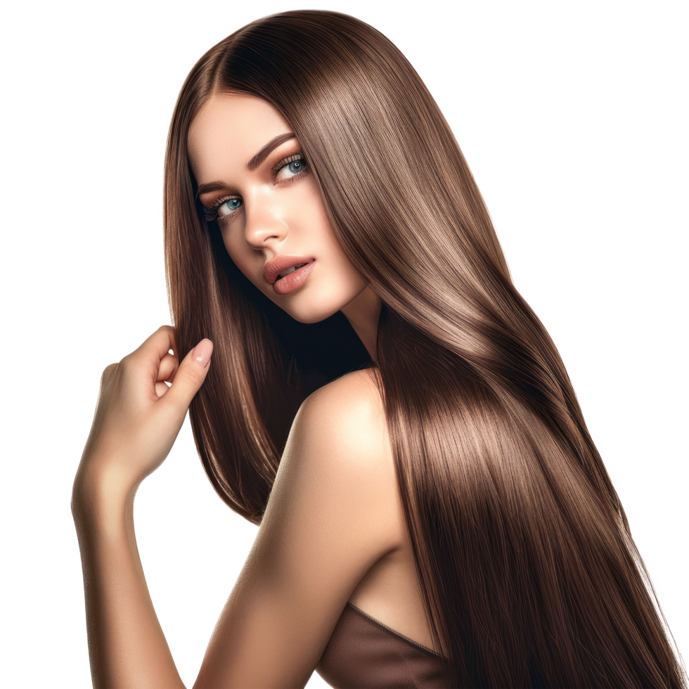 Beautiful model young woman with shiny brown and straight long hair, Keratin straightening, png