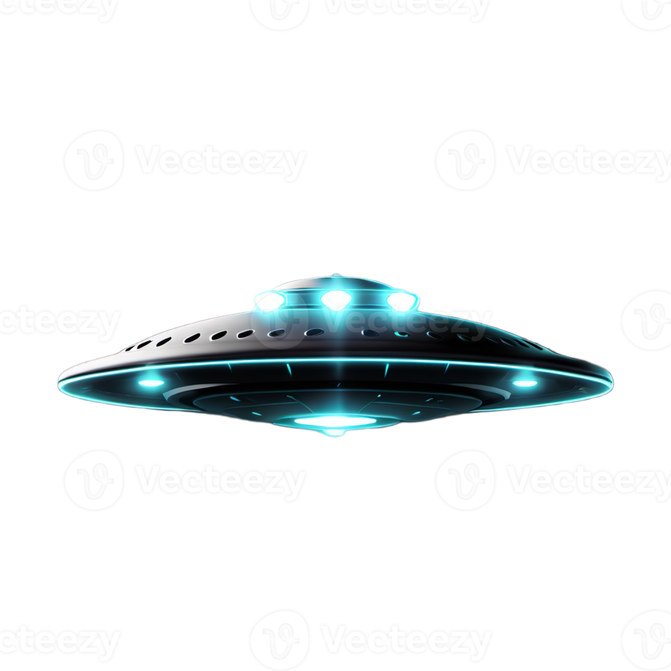 A UFO hovers in the night sky with glowing lights. png