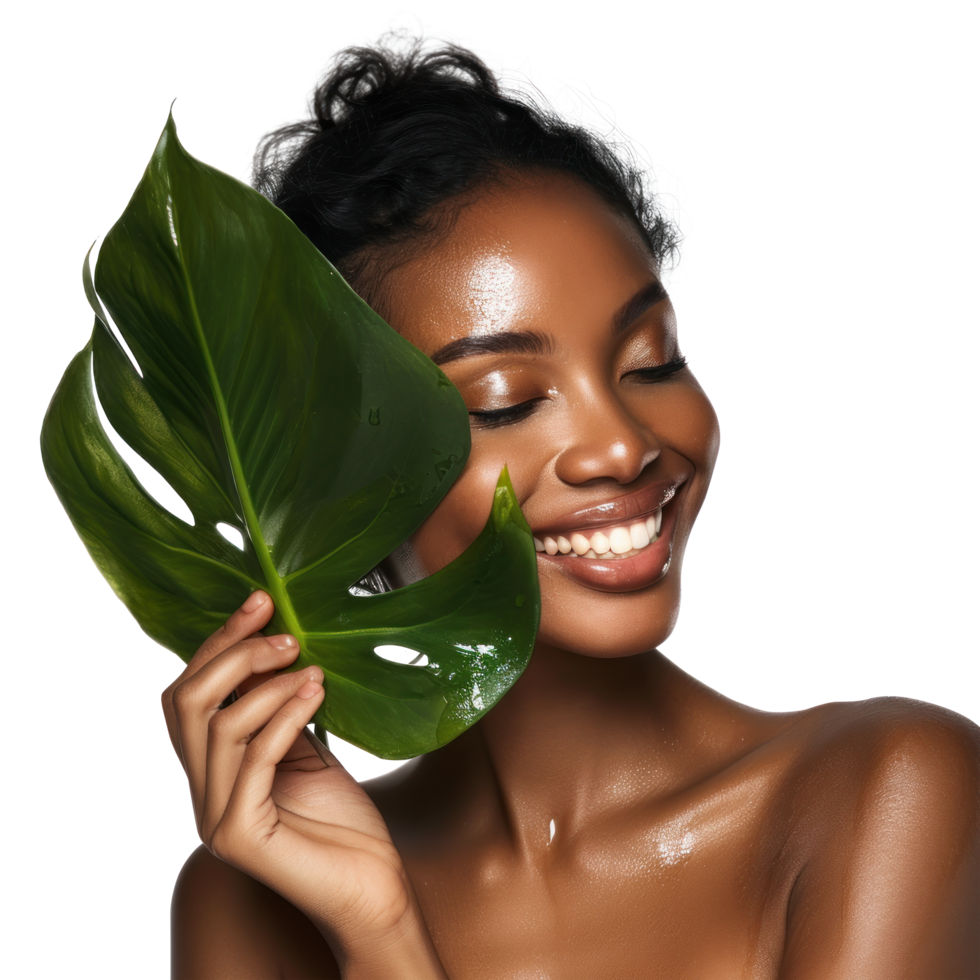 Beautiful African American young woman happy smile in the studio holds green tropical leaf in hands and covers a part of her face, png