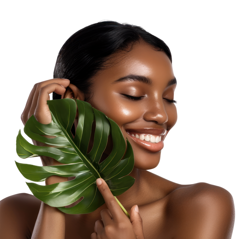 Beautiful African American young woman happy smile in the studio holds green tropical leaf in hands and covers a part of her face, png