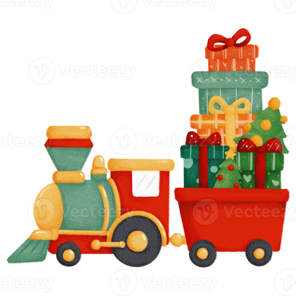 Vintage Christmas train filled with gifts, perfect for adding a nostalgic touch to holiday scenes. png