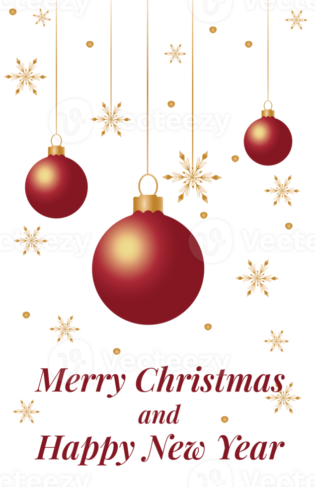 Merry Christmas and Happy New Year greeting card. Winter holiday card with snowflakes and Christmas balls png