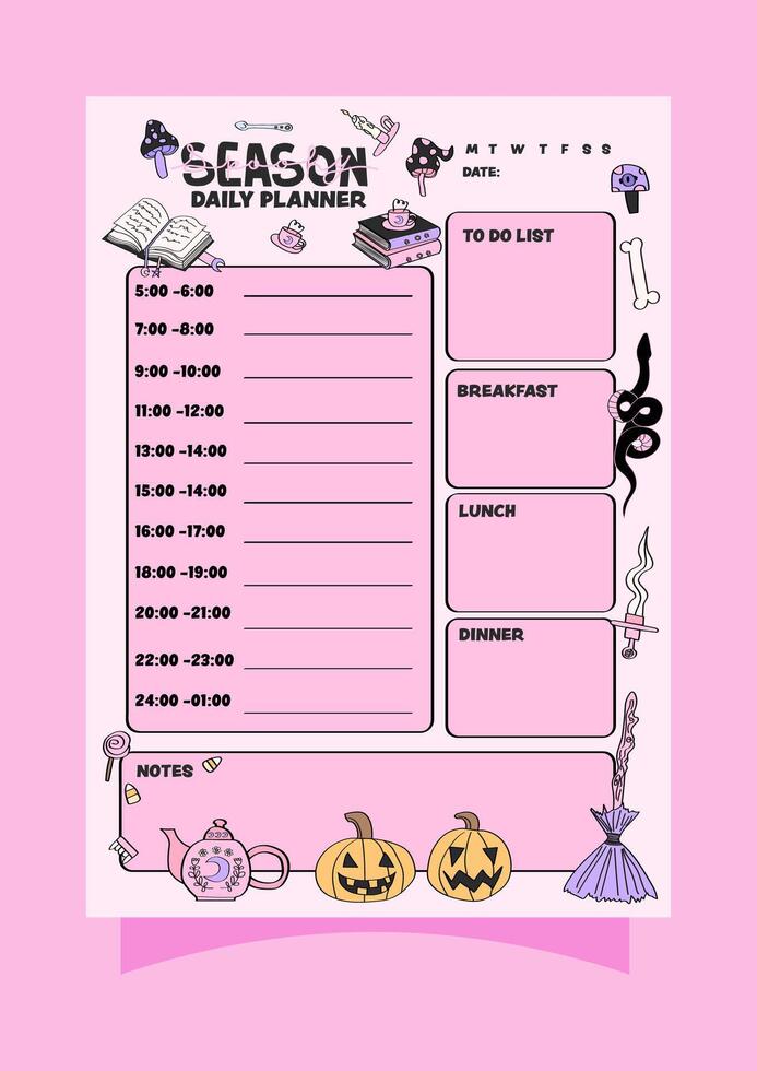 Pink halloween daily planner with a to do list and notes. vector