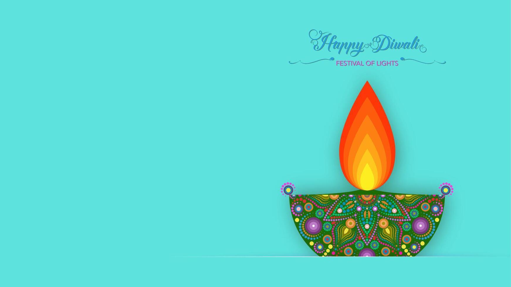 Happy Diwali Festival of Lights India Celebration template. Graphic banner design of Indian Diya Oil Lamp design. Paper cut style festive isolated on light blue background with copy space vector