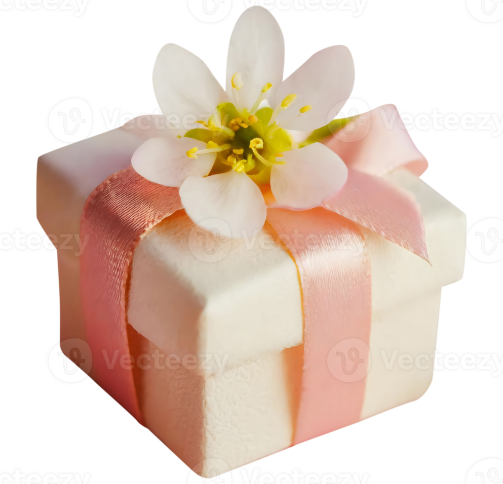 Cardboard gift box decorated with ribbon and flowers. Romantic present for love date. Design for wedding invitation and print card. png