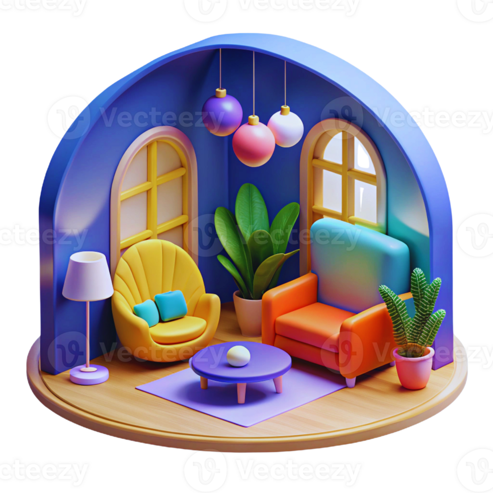 ein 3d Modell- von ein Leben Zimmer mit ein Couch, Stuhl, Lampe und Pflanze png