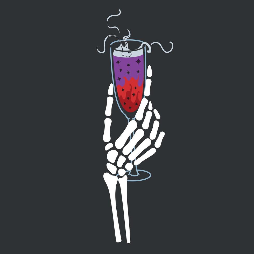 Halloween illustration of skeleton hand holding mystical shimmering potion in wine glass, with spooky steam rising, perfect for horror party designs and magical themes. Flat cartoon style vector