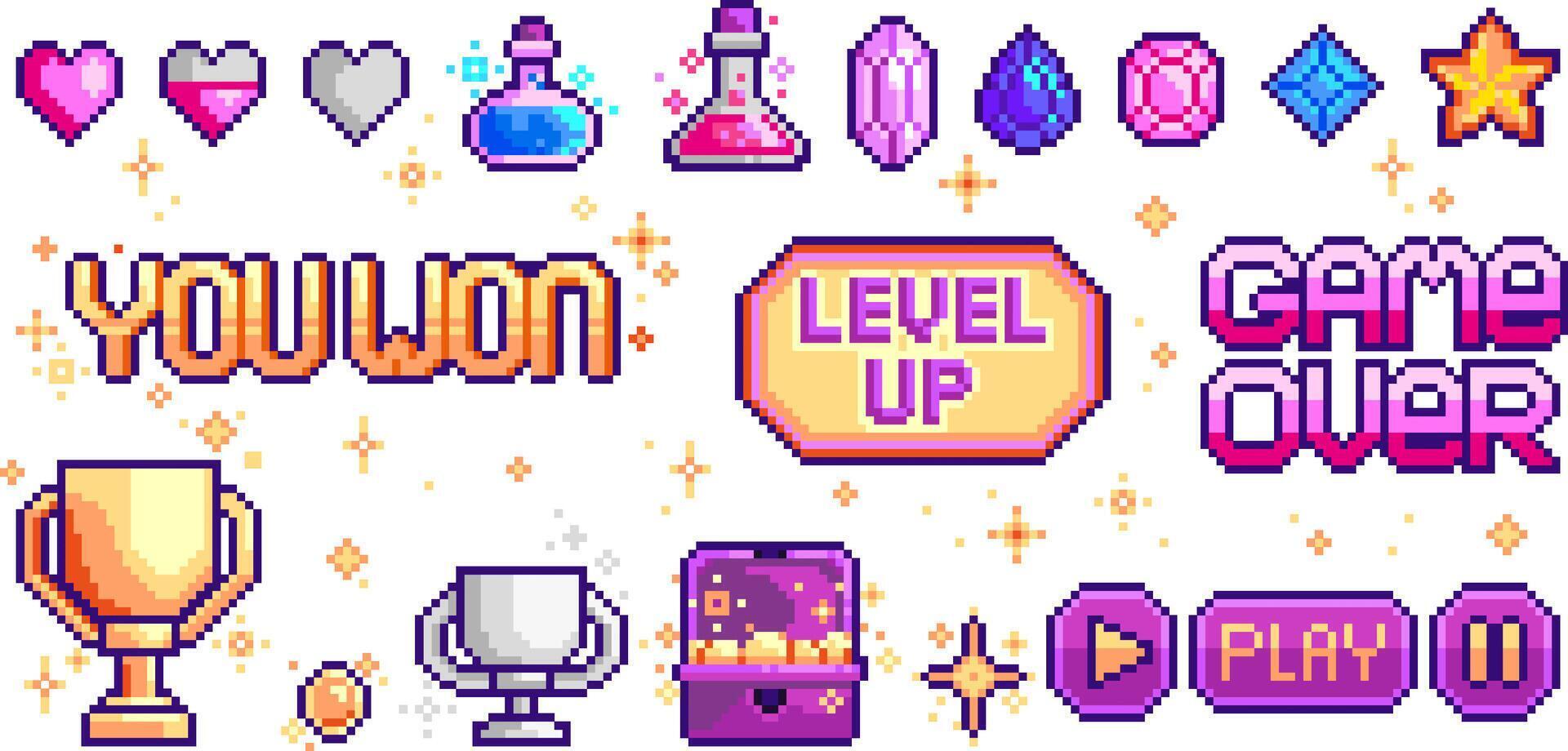 Pixel retro game interface elements. Heart, potion, gem, trophy, coin, star, chest, text buttons. 8 bit Video-game pixel magic items. Pixel game buttons in 80s - 90s style. illustration. vector