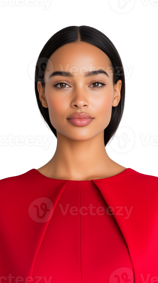 Confident young woman in red dress standing calmly with a serious expression on transparent background png