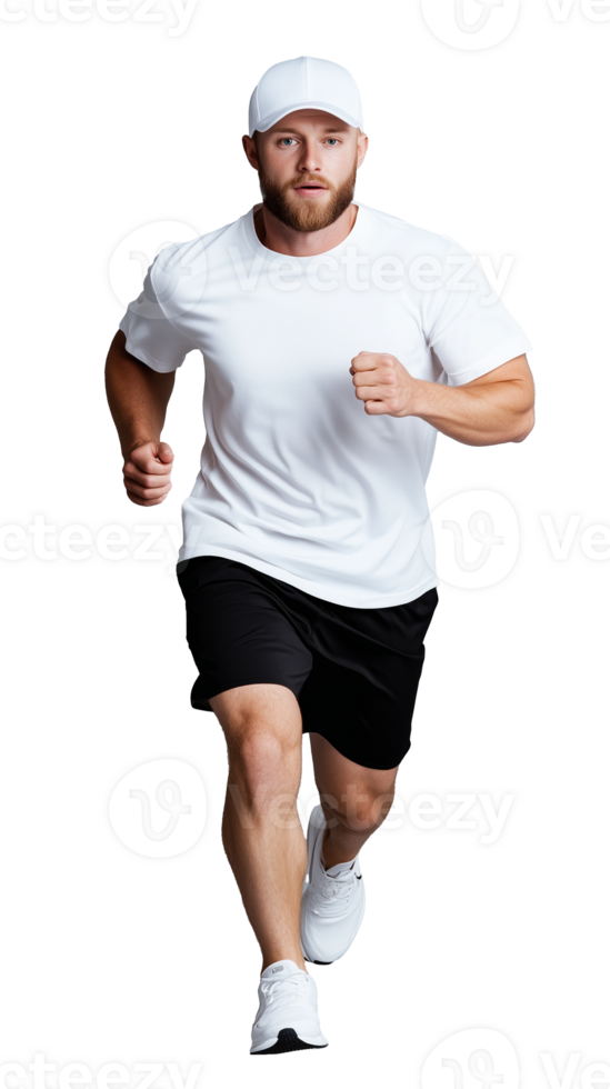 Man running in white t-shirt and cap with focused expression on transparent background png