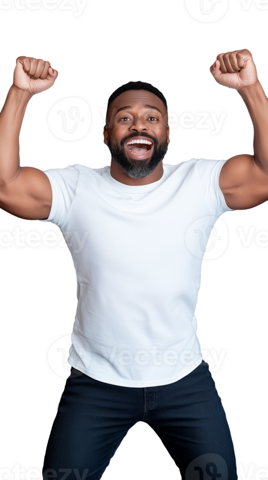 Happy man raising fists in celebration and smiling joyfully on transparent background png