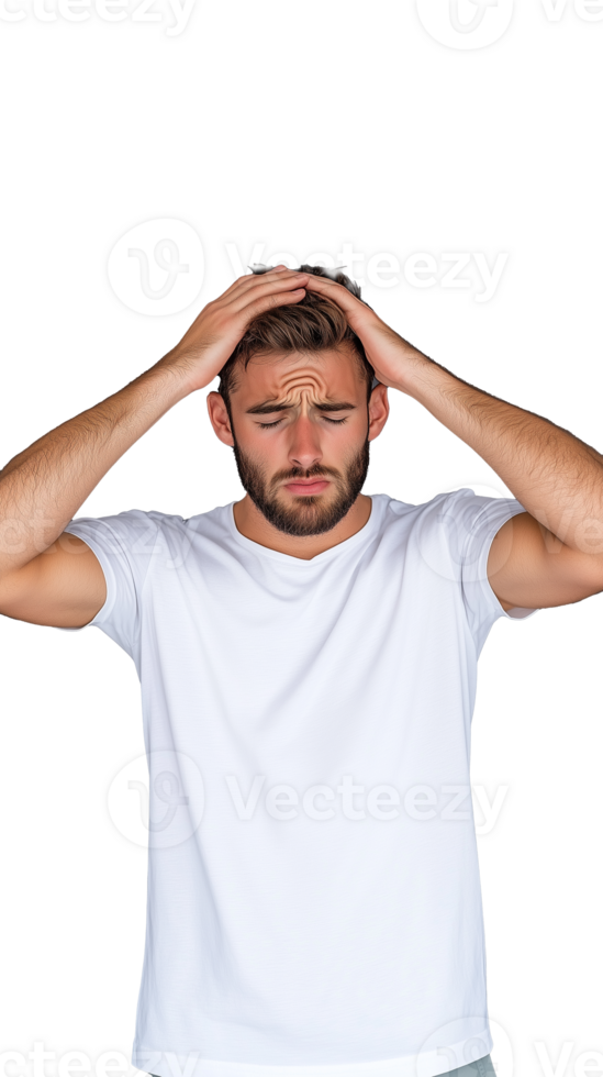 Man in white t-shirt holding his head in frustration and looking stressed on transparent background png