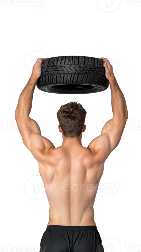 Back view of muscular man lifting a heavy tire above his head and showing physical strength on transparent background png