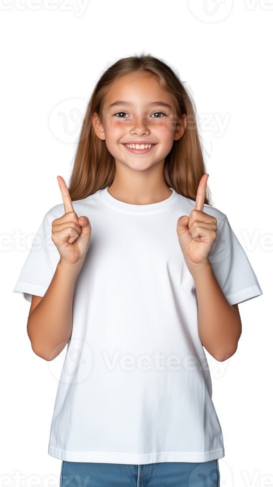 Smiling young girl in white t-shirt standing confidently with hands up on transparent background png
