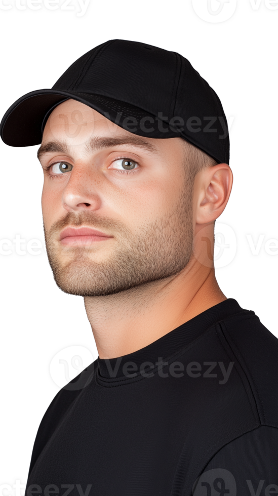 Man in black cap looking confidently to the side on transparent background png