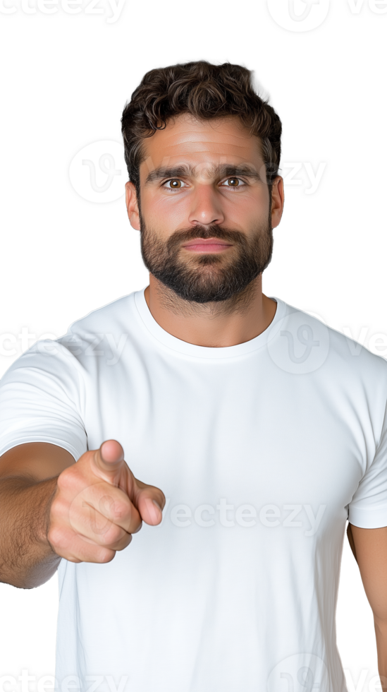 Man in white t-shirt pointing directly at camera with a confident expression on transparent background png