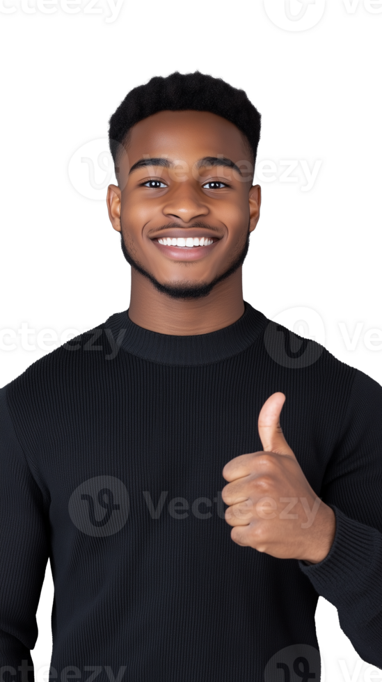 Smiling young man in black turtleneck giving thumbs up on transparent background png
