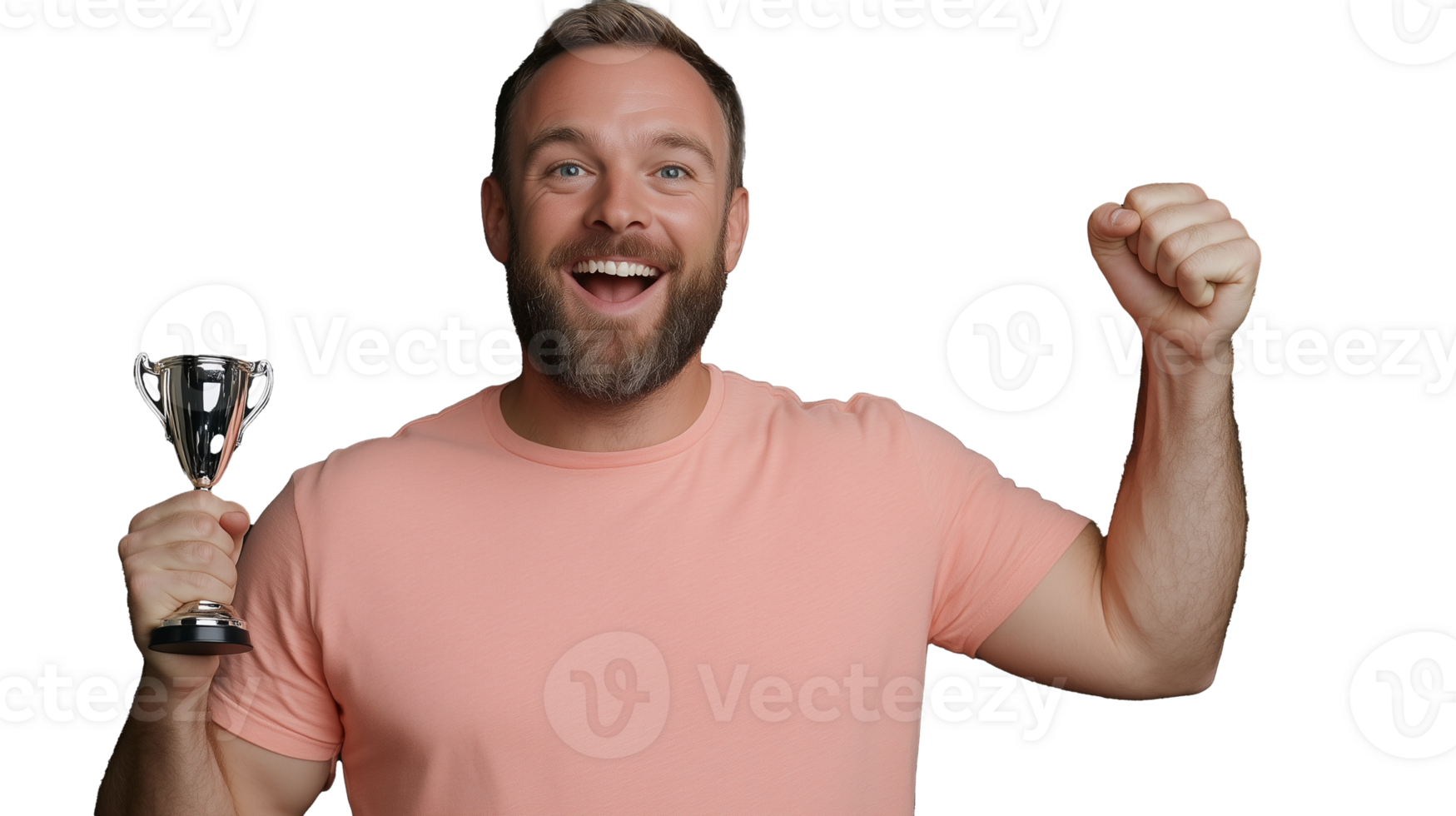 Man in pink t-shirt holding trophy and celebrating success with arms raised on transparent background png