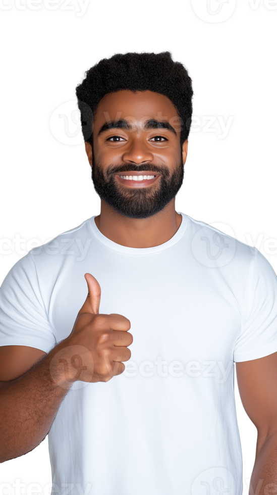 Happy man in white t-shirt giving thumbs up and smiling confidently on transparent background png