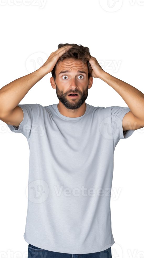 Man in white t-shirt holding his head and looking concerned on transparent background png