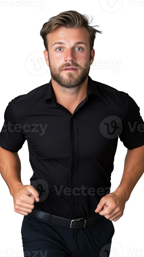 Man in black shirt holding collar and looking surprised on transparent background png