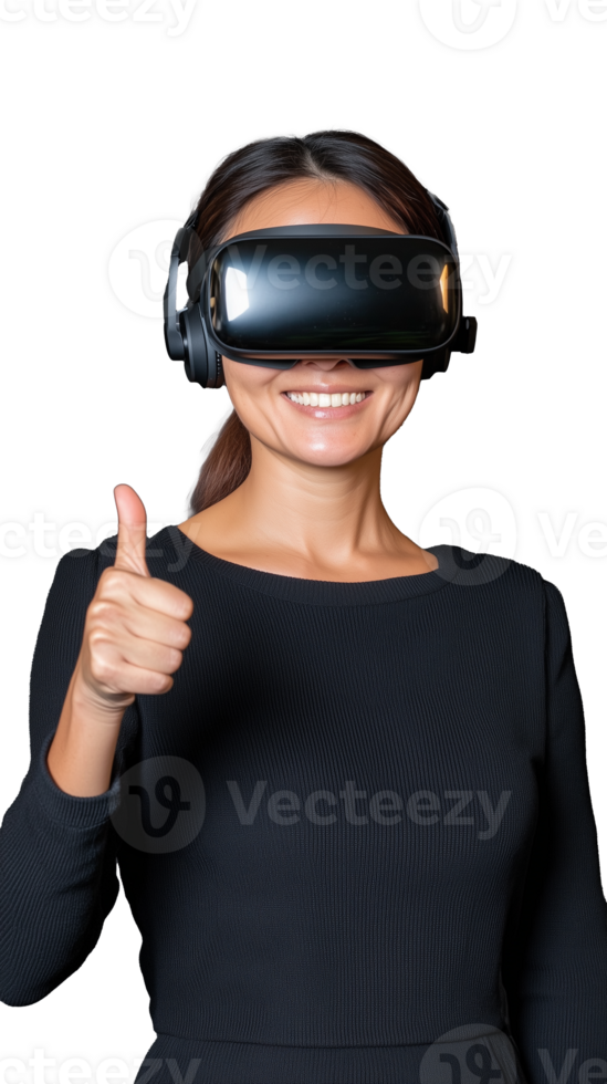 Smiling woman wearing VR headset and giving thumbs up on transparent background png