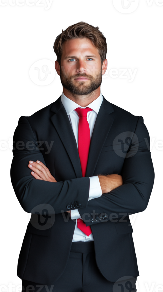 Businessman in red tie crossing arms confidently and looking serious on transparent background png