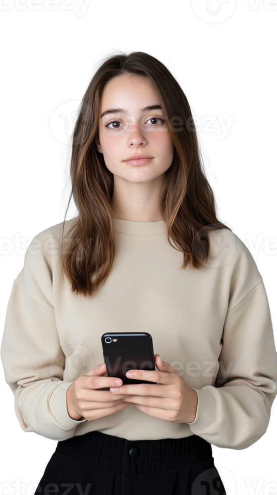 Young woman in beige sweater holding smartphone and looking focused on transparent background png
