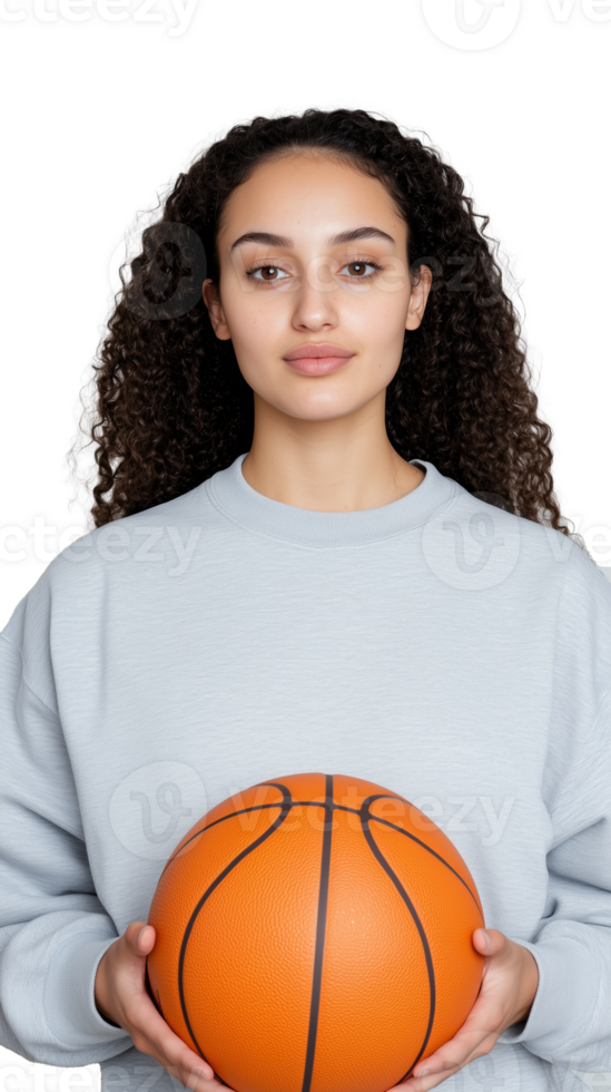 Young woman holding basketball and standing confidently with calm expression on transparent background png