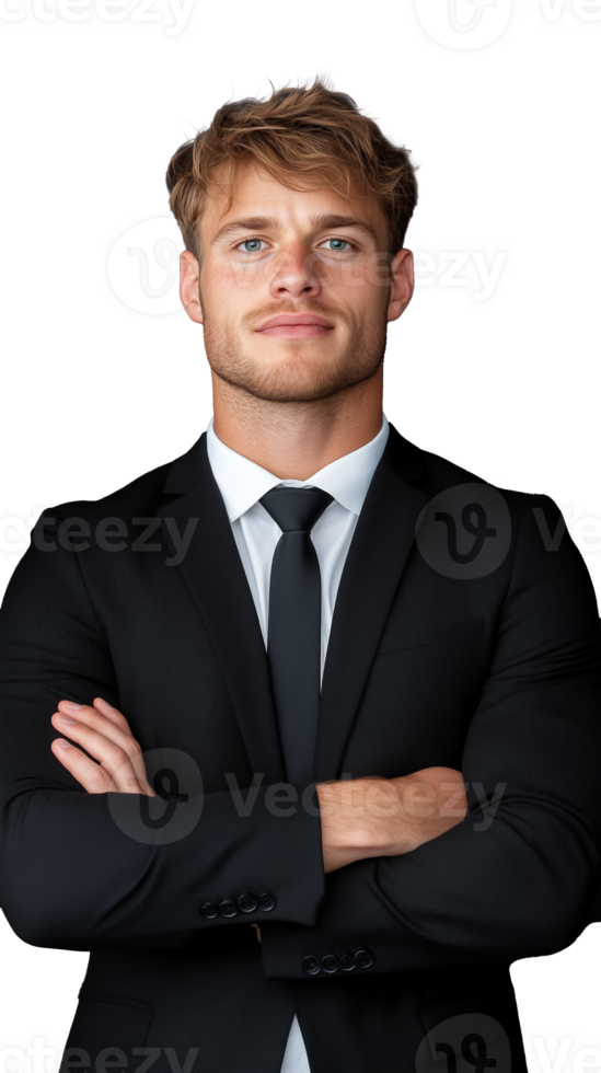 Confident businessman in suit crossing arms and looking serious on transparent background png