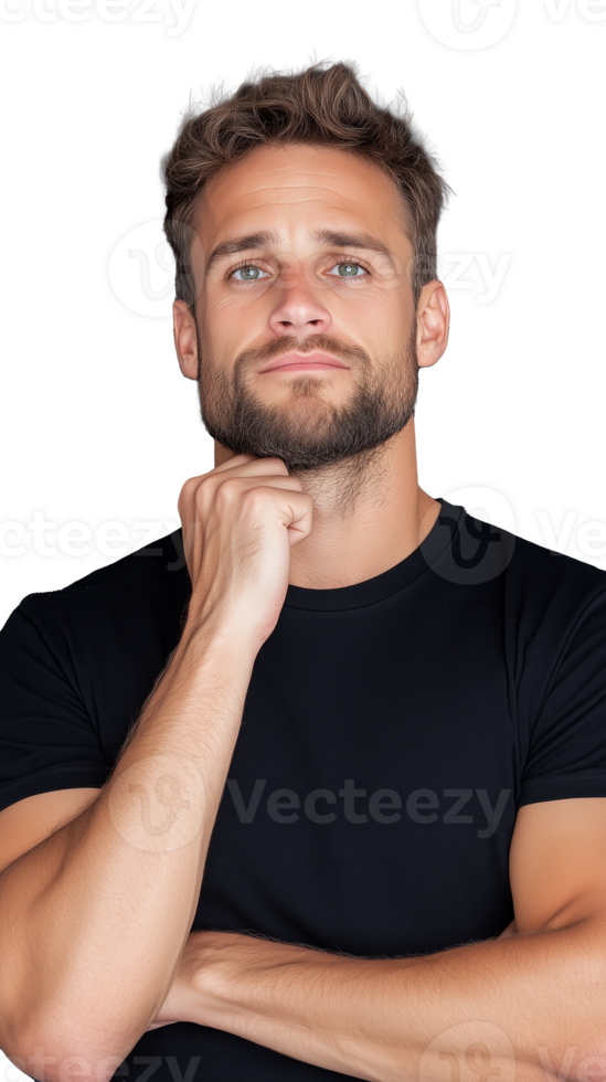 Young man in black t-shirt resting his hand on chin and looking thoughtful on transparent background png