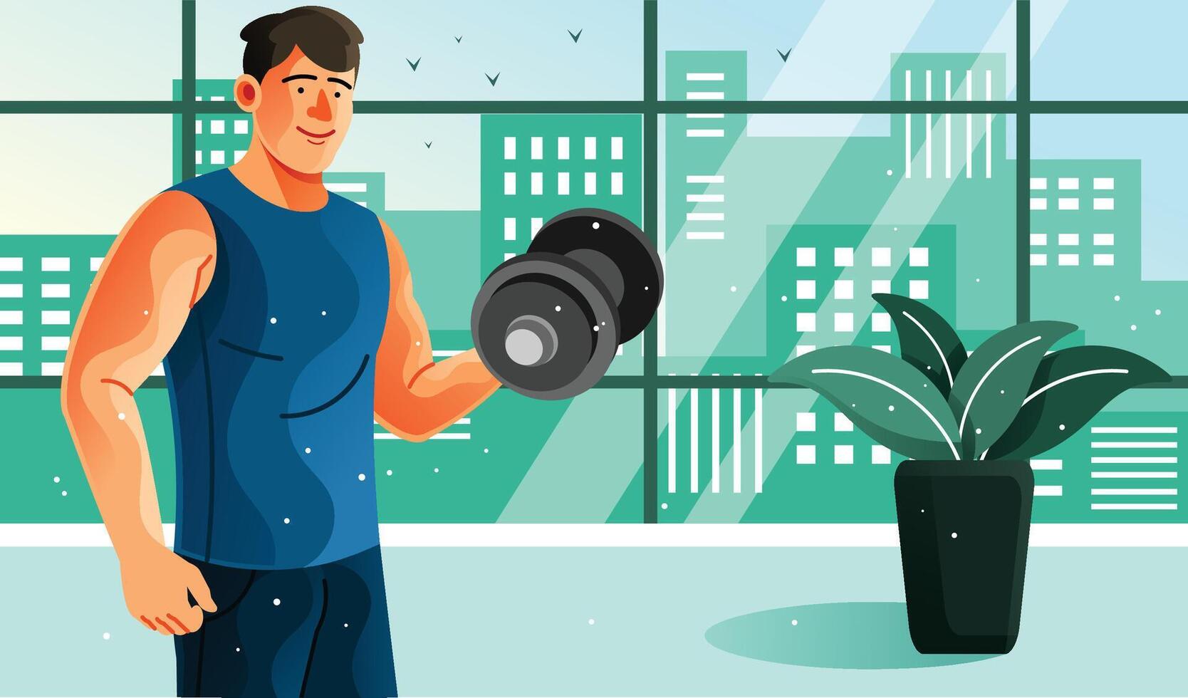 Young Man Holding Dumbbell Illustration vector