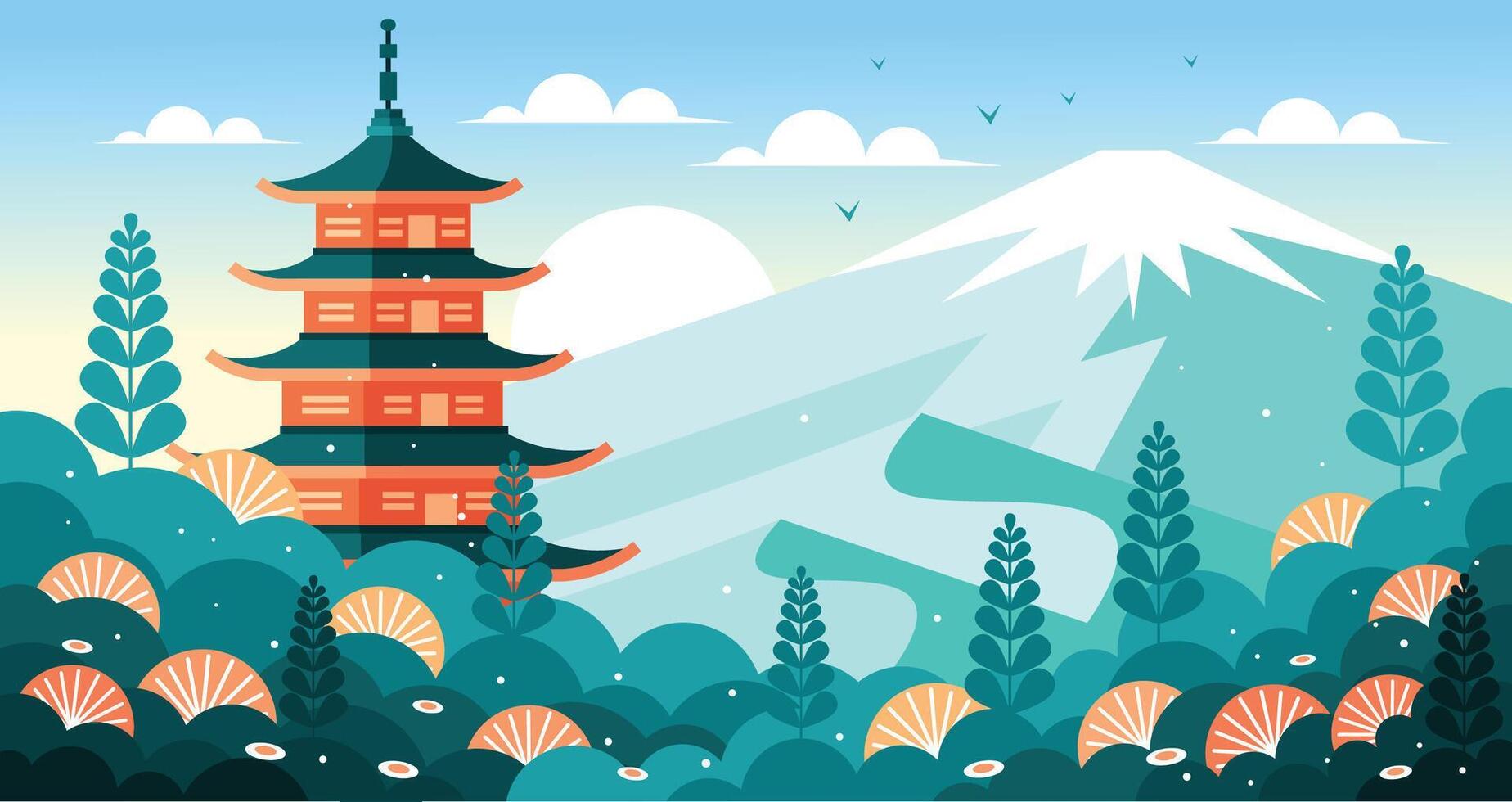 Japanese Mountain Temple Surrounded by Nature vector