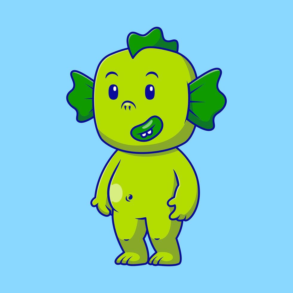 Cute Green Swamp Monster Standing Cartoon Illustration. Animal Nature Concept. Flat Cartoon Outline Style. vector