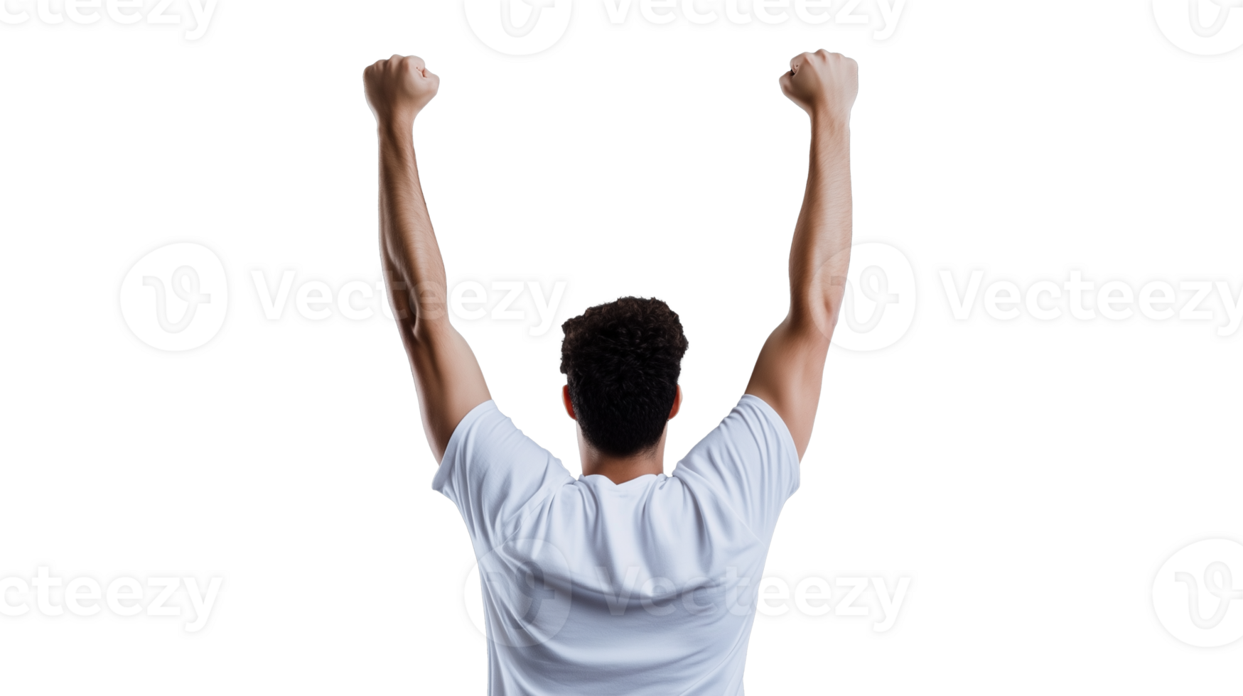 Back view of man raising arms in celebration and victory, showing excitement on transparent background png