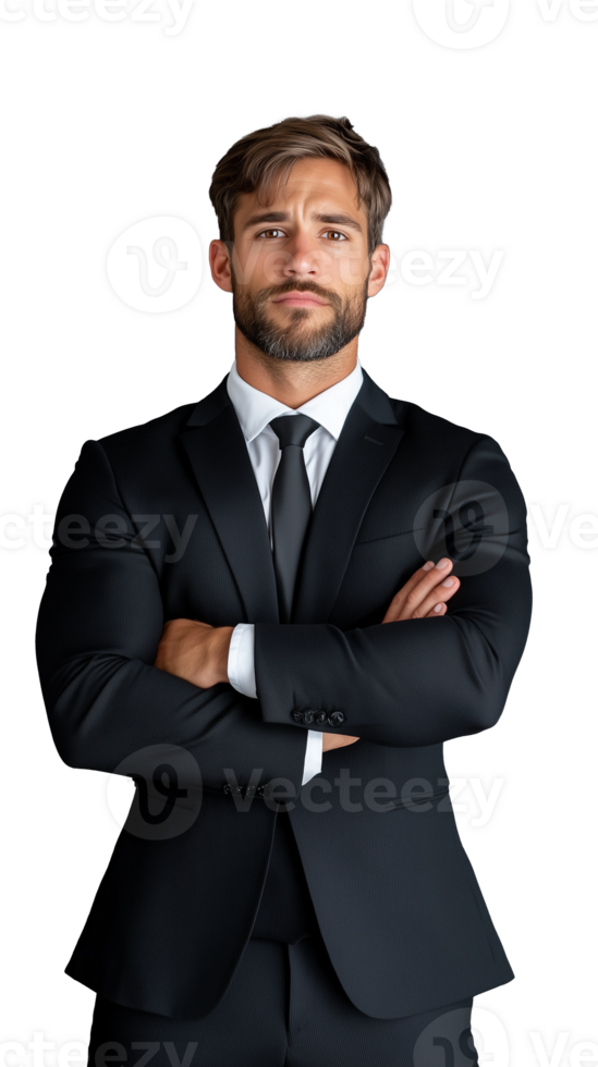 Confident businessman in suit crossing arms and looking serious on transparent background png