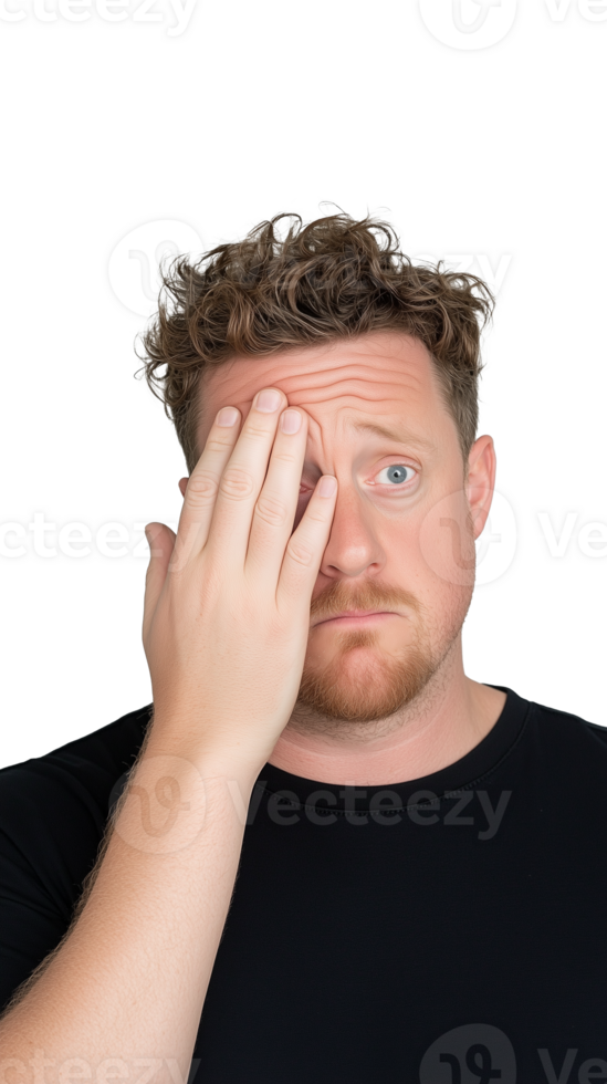 Man with hand on face looking concerned and thoughtful on transparent background png