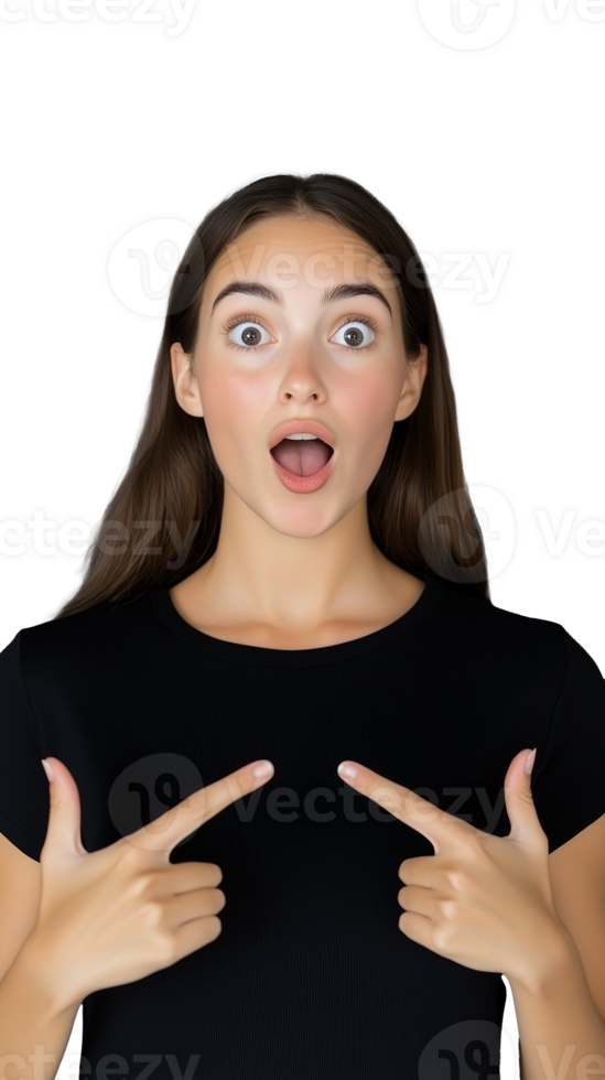Surprised young woman in black shirt pointing to herself and looking shocked on transparent background png