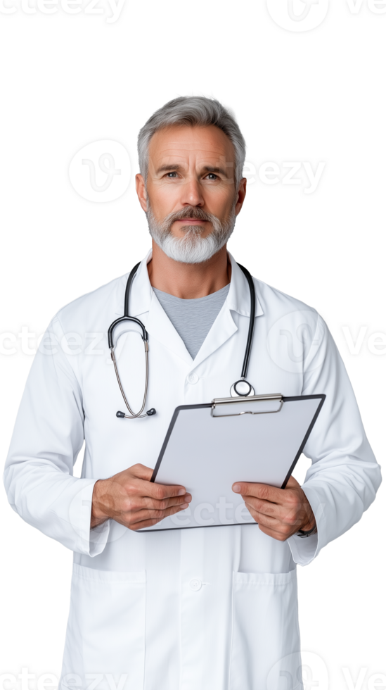 Mature doctor with gray hair holding a clipboard and smiling confidently in white coat on transparent background png